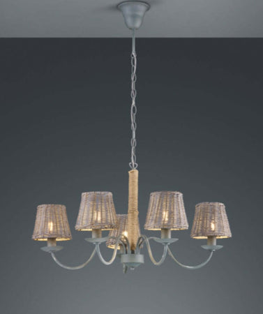 TRIO-LEUCHTEN---LAMPADARIO-ROTIN-5-LUCI-GRIGIO-CON-CORDA-IN-JUTA-E-METALLO***