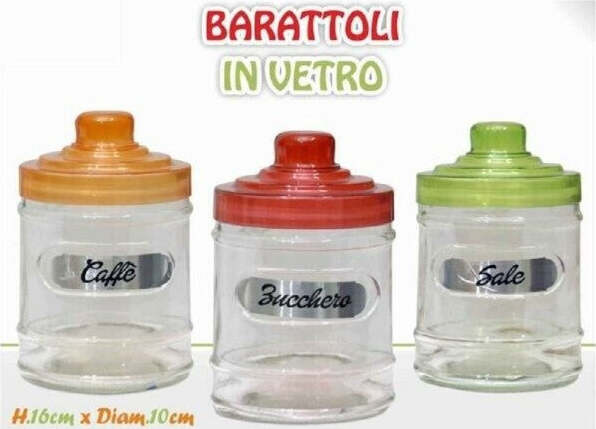 Tris-Barattoli-3-Contenitori-Caffè-Zucchero-Sale-Vetro-Tappo-Colorato