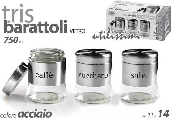 Tris-Barattoli-Barattolino-750ml-11x14cm-Vetro-Sale-Zucchero-Caffe-772016-Acciaio