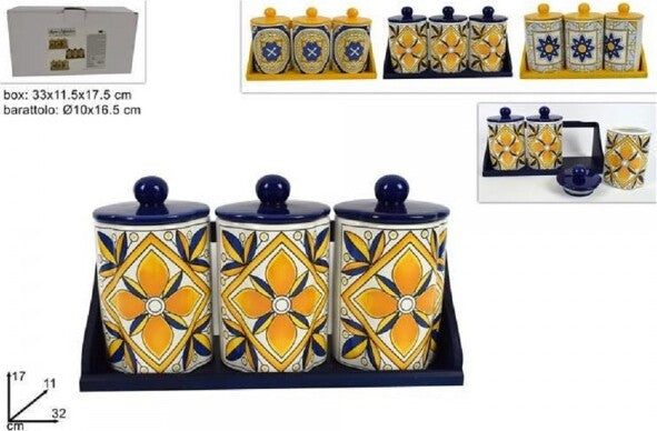 Tris-Barattoli-Set-3-Pz-Barattoli-Con-Supporto-Ceramica-Decoro-Fantasia-Maiolica
