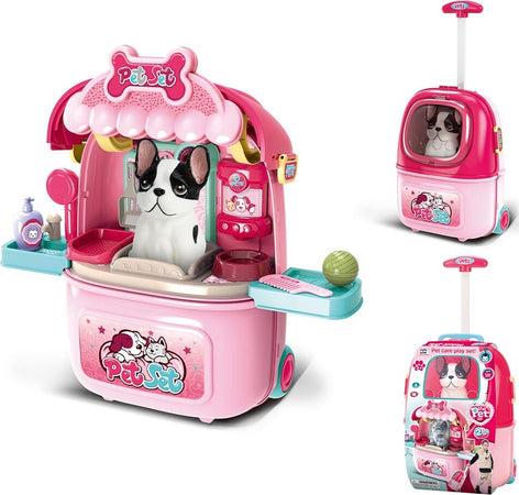 Trolley-Giocattolo-Centro-Veterinario-con-Cane-Kit-Cura-Animali-Chiudibile-2in1
