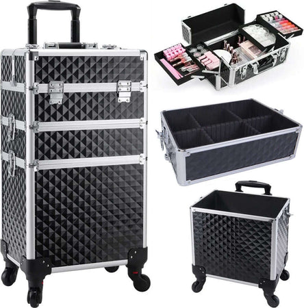 Trolley-Makeup-3in1-Valigetta-Nera-Trucco-Estetista-Beauty-Case-Ruote-Staccabili