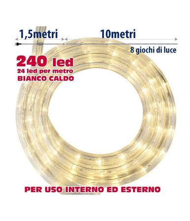 Tubo Luminoso Natalizio 10 Metri Led Bianco Caldo Con Controller 8 Funzioni