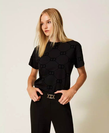 Twinset T-shirt Donna con Stampa Flock Oval T – Colore Nero