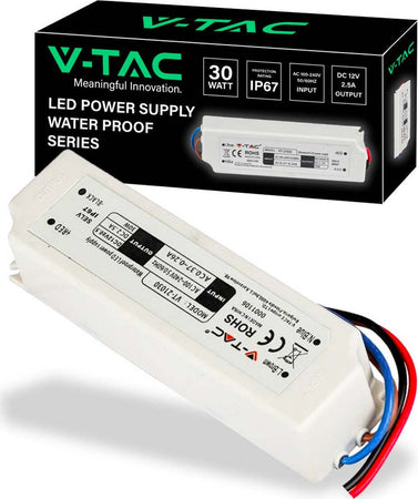 V-TAC Alimentatore 12V 30W 2,5A per Strisce LED e altri Dispositivi Elettronici Input AC 100-240V 50/60Hz IP67 da Esterno Waterproof Series