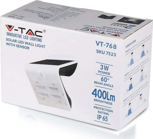 V-Tac VT-768 Lampada da Muro LED 3W Bianca o Nera con Pannello Solare e Sensore Crepuscolare e Movimento -SKU 7523- SKU 7528 Illuminazione/Illuminazione per esterni/Lampade da parete Zencoccostore - Formia, Commerciovirtuoso.it