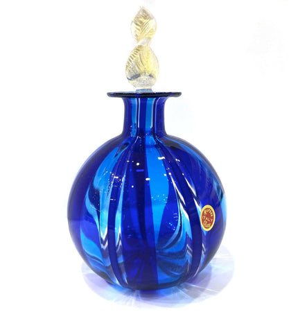Vaso Ampolla Vetro Artigianale Di Murano Blu Filigrana Vaso 19x11 con Tappo Polvero D'oro Fatto a Mano 100% Venezia Made in Italy Idea Regalo