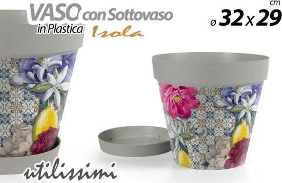 Vaso-Giardino-Con-Sottovaso-In-Plastica-Decoro-Isola-32x29cm-Piante-Fiori-845383