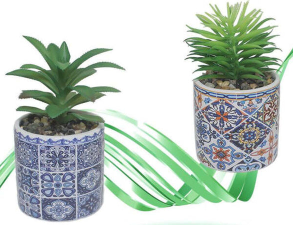 Vaso-In-Ceramica-Con-Piantina-Artificiale-15cm-Pianta-Idea-Regalo-Bomboniera-Blu