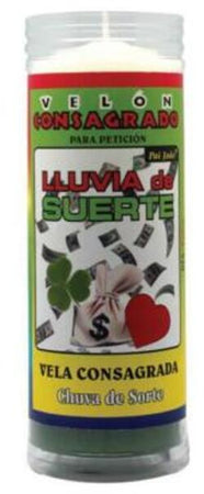 Velòn Consagrado Para Peticiòn Lluvia De Suerte Con Tubo Protector 14 X 5.5 Cm Candela per Attirare Fortuna E Denaro per Rituali E Cerimonie