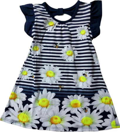Vestito Estivo Bambina Bianco Blu Righe con Fiori Margherite Vestitino Estate Bimba 100% Cotone Abitino Stampato ABITO Piccole Canaglie - Tropea, Commerciovirtuoso.it