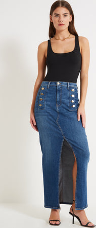 Vicolo-Gonna-Di-Jeans-Denim-Blu-Giusy-Lunga-Con-Bottoni-Oro-E-Zip