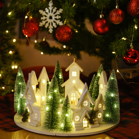 Paesaggio di natale in legno con luci a batteria sott'albero decorativo