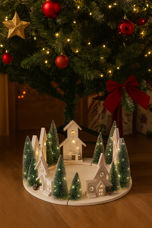 Paesaggio di natale in legno con luci a batteria sott'albero decorativo
