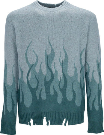 VISION-OF-SUPER-Maglione-Uomo-Double-Flames-L/s-Jumper-Balsam-Green-da-uomo