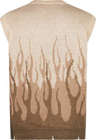 VISION-OF-SUPER-Pullover-Smanicato-Uomo-Jacquard-Flames-Gilet-Beige-da-uomo