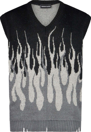 VISION-OF-SUPER-Pullover-Smanicato-Uomo-Jacquard-Flames-Gilet-Black/grey-da-uomo