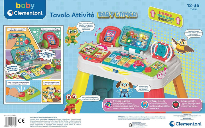CLEMENTONI Baby - Tavolo attività Baby Gamer, Postazione Gaming per Bambini, con Tastiera e Elementi Interattivi, Bambini di 12-36 Mesi, Stimola Lo Sviluppo Cognitivo, Motorio e Emotivo, 17547