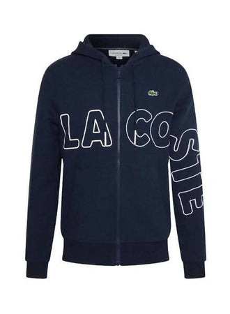 Lacoste Felpa Uomo Blu Con Cappuccio Maxi Logo Scritta LACOSTE Coccodrillo Verde Ricamato Felpa Con Cerniera Full Zip e Tasche