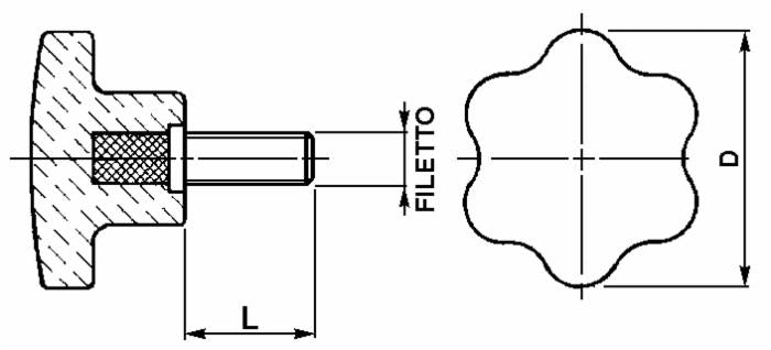 Volantino 6 lobi maschio Ø 50mm filetto M8
