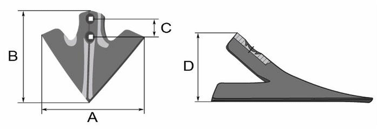 Vomerina di ricambio per coltivatori dimensioni di 205x225 mm fori quadri Ø 11,8mm