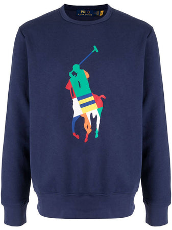 Ralph Lauren Maglione Blu Girocollo Stampa Big Pony Multicolor Felpa Senza Cappuccio Polsini e Fondo a Coste Polo