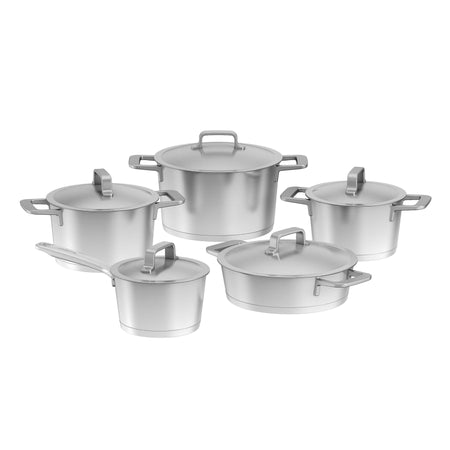Set pentole Berghoff Meta 10 pezzi in acciaio riciclato, con fondo termico, indicatori interni e coperchi, compatibile con induzione