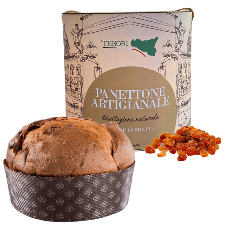 Tesori di sicilia panettone artigianale tradizionale uvetta e canditi 1kg, latta siciliana "ù ciauru di palermo" con mazzo di carte siciliano omaggio