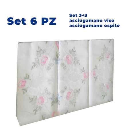 art. gfl 505 marcha eden blue6 Pezzi Set completo 3+3 asciugamani in puro lino per viso e ospite made in Italy Eden Blue bianco con fantasia a fiori tessile L'Orchidea - Siderno, Commerciovirtuoso.it