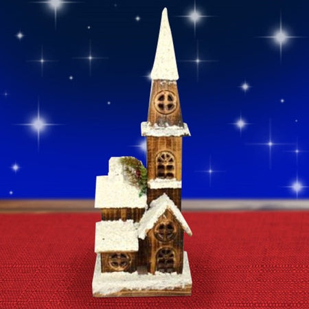 Campanile Legno Innevato Con Luci Gialle Altezza 54 Cm Decorazioni Natalizie