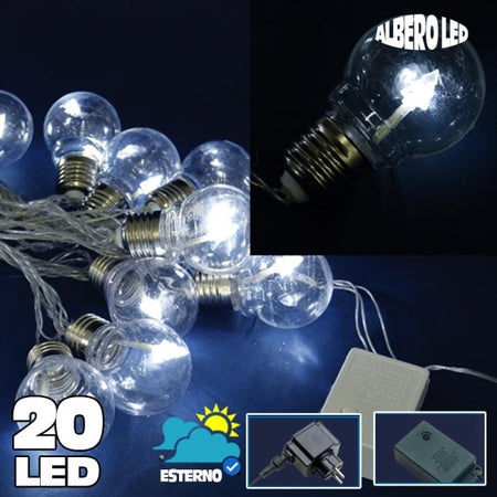 Catena Luminosa 20 Bulbi Forma Lampadina Trasparente A Led Bianco Freddo Albero