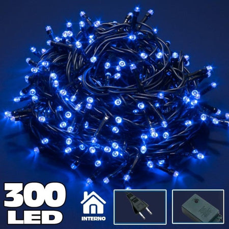 Catena Luminosa 300 Luci Led Lucciole Blu Con Controller 8 Funzioni Interno