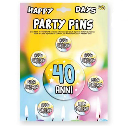 Set Spille Compleanno 40 Anni "party Pins" 40 Anni Compleanno 7 Spille Per Invitati + Spilla Grande Per Festeggiato Casa e cucina/Hobby creativi/Materiali per hobby creativi/Forniture per feste/Assortimenti per feste Kondorama - Martinsicuro, Commerciovirtuoso.it