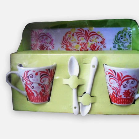 5 pezzi Set set caffè da 2 persone in ceramica dipinta con vassoio tazzine e cucchiaini in ceramica azzurro/fuxia casalinghi L'Orchidea - Siderno, Commerciovirtuoso.it