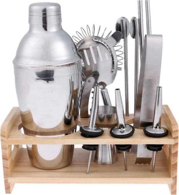 KIT PER COCKTAIL BARMAN BARTENDER SHAKER MIXER ACCIAIO 750ML SUPPORTO IN LEGNO - 2