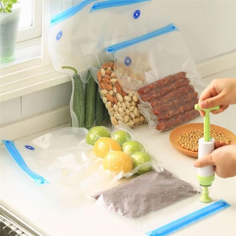 SET SACCHETTI ZIP SOTTOVUOTO CON POMPA A MANO 2 CLIP CHIUDI BUSTE SIGILLA CHIUDI - 3