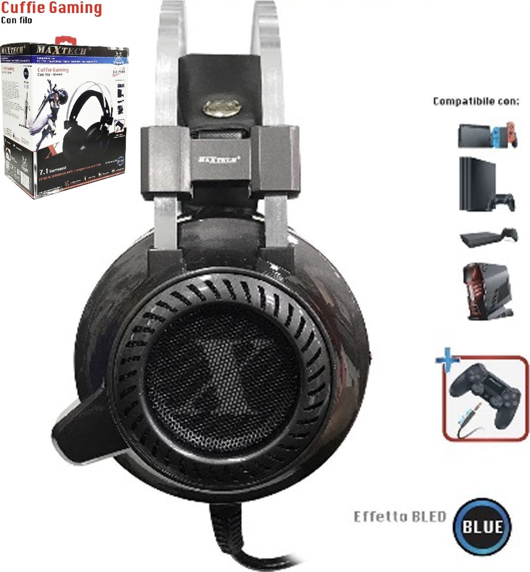 CUFFIE GAMING PER PC PS4 XBOX ONE CONTROLLO VOLUME E MICROFONO USB AUX CERBERUS - 2