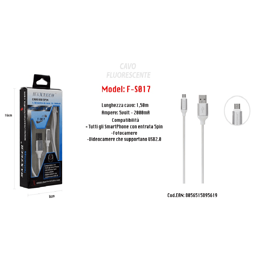 CAVO FLUORESCENTE RICARICA PER SMARTPHONE 5PIN 1,50MT 5VOLT - 2000MA MAXTECH F-S017 - 2