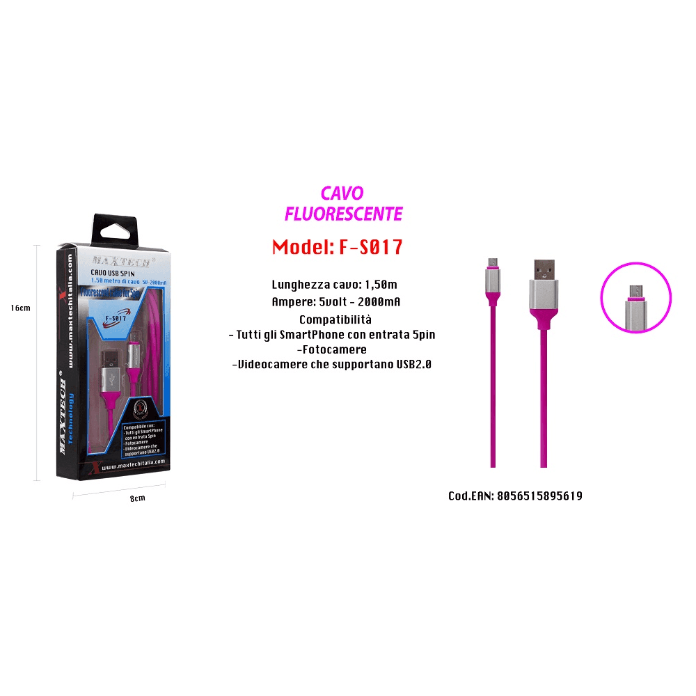 CAVO FLUORESCENTE RICARICA PER SMARTPHONE 5PIN 1,50MT 5VOLT - 2000MA MAXTECH F-S017 - 3
