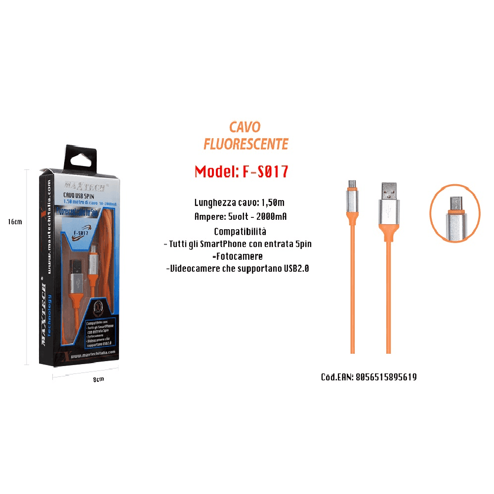CAVO FLUORESCENTE RICARICA PER SMARTPHONE 5PIN 1,50MT 5VOLT - 2000MA MAXTECH F-S017 - 4