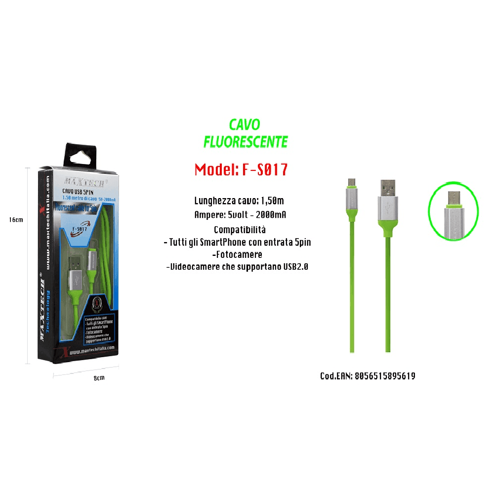 CAVO FLUORESCENTE RICARICA PER SMARTPHONE 5PIN 1,50MT 5VOLT - 2000MA MAXTECH F-S017 - 5