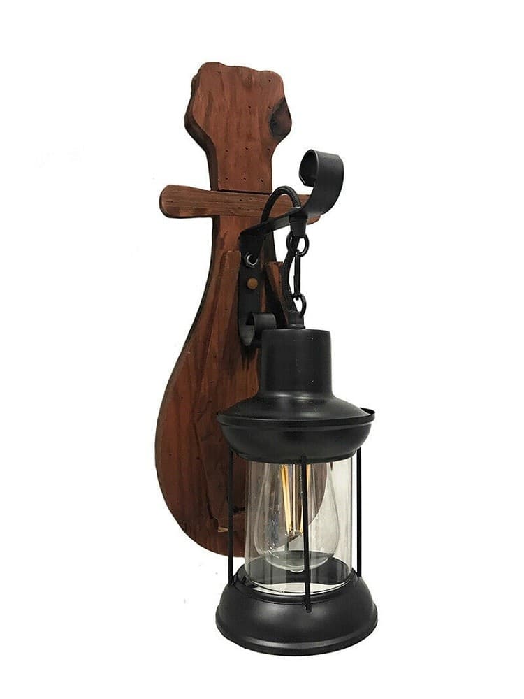 APPLIQUE LANTERNA A PARETE IN LEGNO STILE VINTAGE E27 LAMPADA INDUSTRIALE E30 - 2