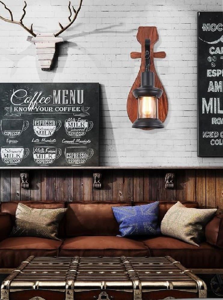 APPLIQUE LANTERNA A PARETE IN LEGNO STILE VINTAGE E27 LAMPADA INDUSTRIALE E30 - 3