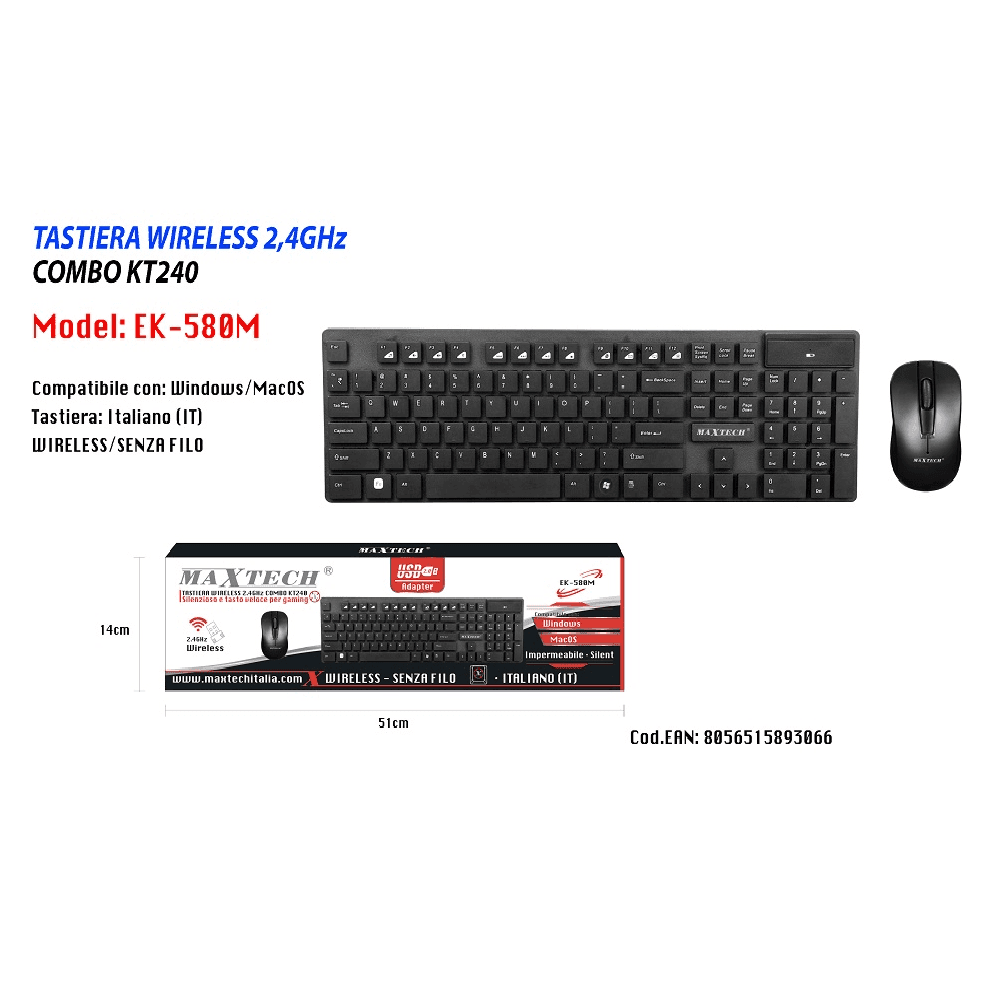 TASTIERA WIRELESS MOUSE WIFI IMPERMEABILE 2.4GHZ MAXTECH EK-580M PER COMPUTER PC - 2