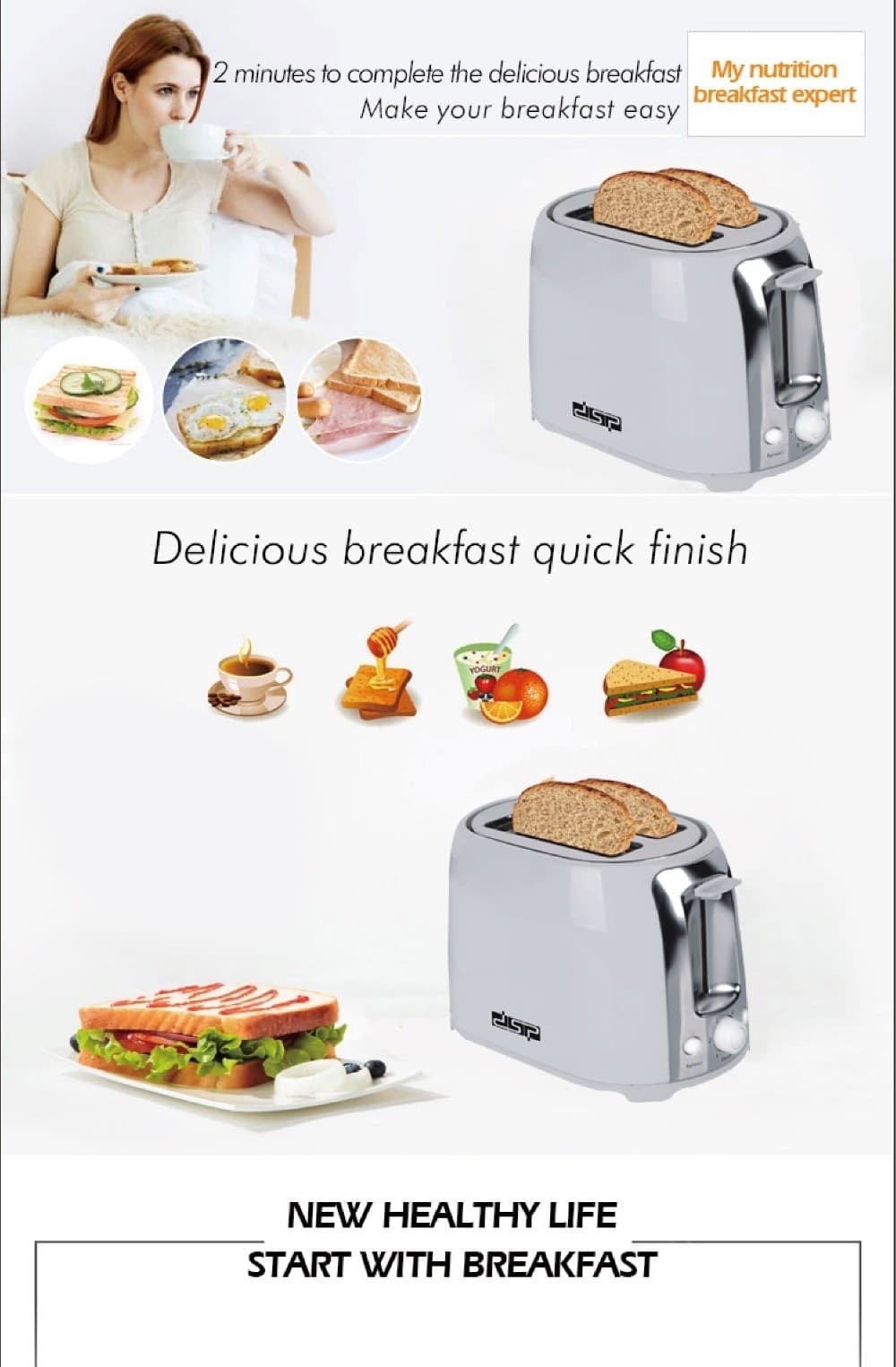 TOSTAPANE PER 2 FETTE 750 W 6 LIVELLI FUNZIONE SCONGELAMENTO TOAST BIANCO - 3
