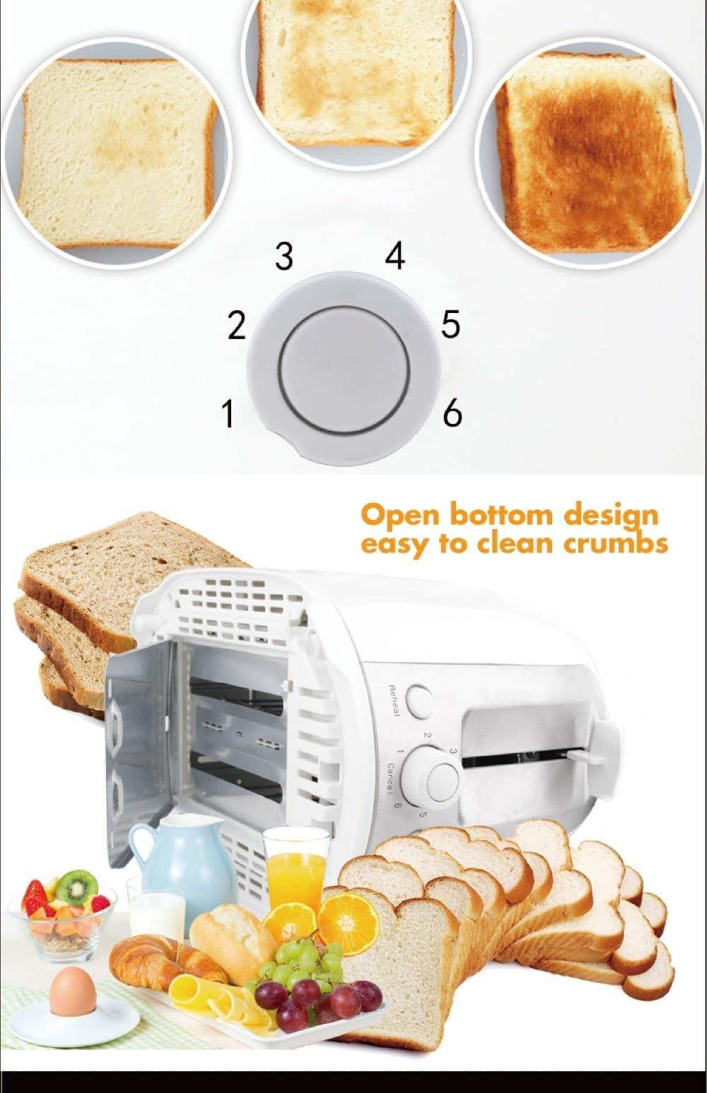 TOSTAPANE PER 2 FETTE 750 W 6 LIVELLI FUNZIONE SCONGELAMENTO TOAST BIANCO - 5
