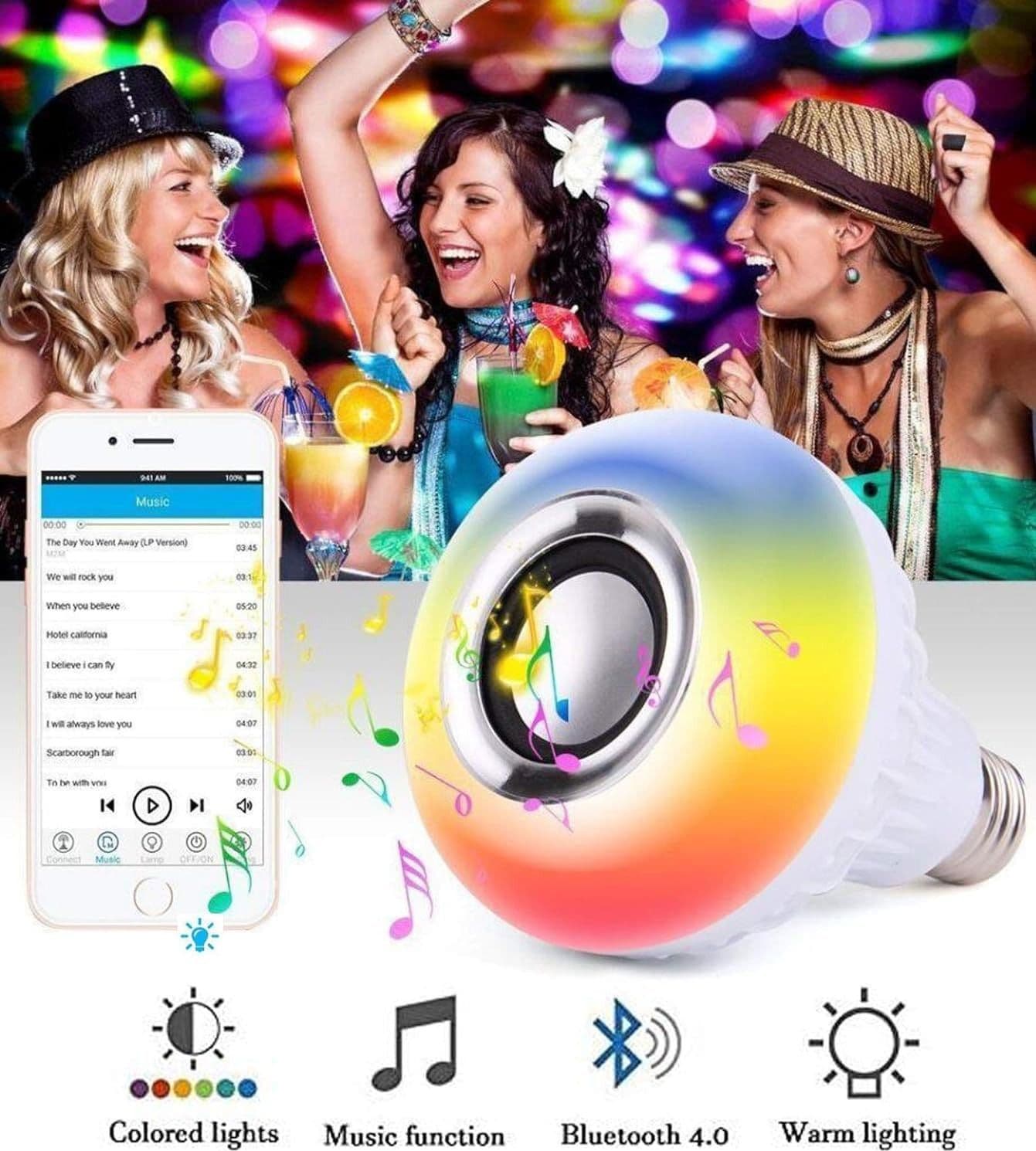 LAMPADINA CASSA BLUETOOTH COLORATA LED E27 RGB BULBO MUSICA LAMPADA TELECOMANDO - 8