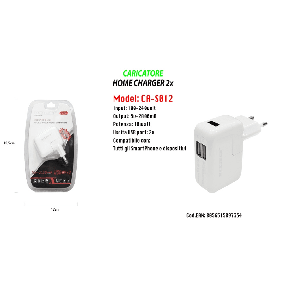 CARICATORE PRESA SPINA 2 USB ULTRA RICARICA SMARTPHONE 5V-2100MA MAXTECH CA-S012 - 2