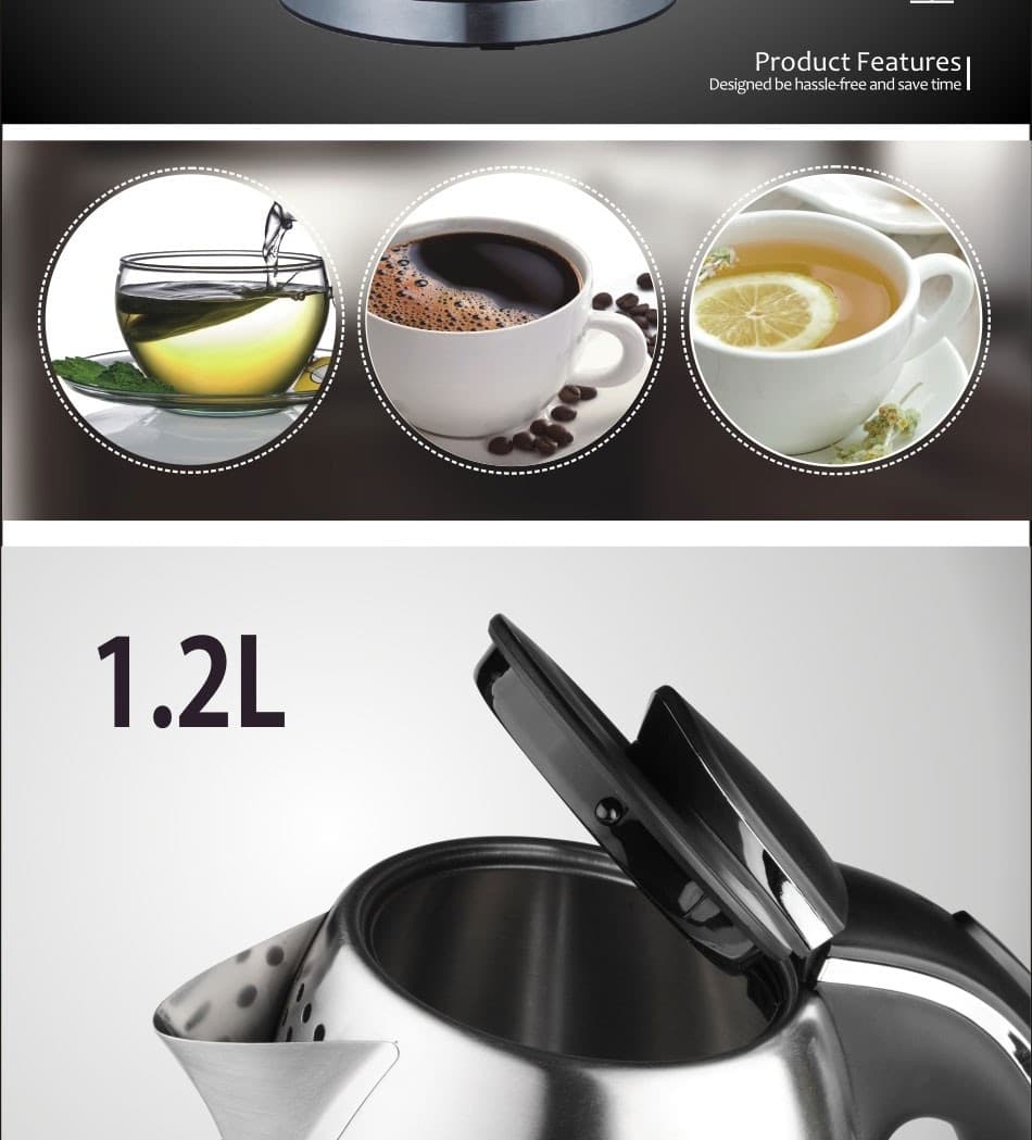 BOLLITORE ELETTRICO A CARAFFA DA 1,2LT IN ACCIAIO INOX PER TE' E INFUSI 1370W - 2