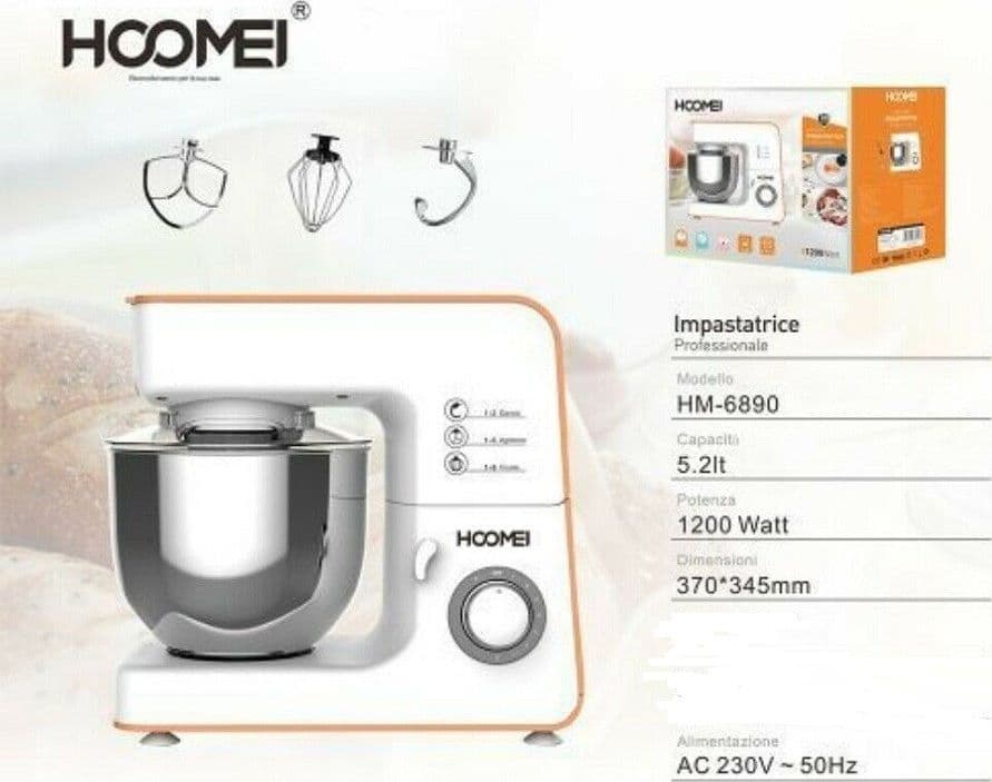 IMPASTATRICE PROFESSIONALE ROBOT CUCINA 5,2 LT 1200W PLANETARIA HOOMEI HM-6890 - 2